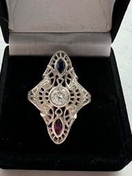 Art Deco Sterling Silver Shield Ring With CZ And Sapphires