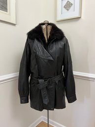 Andrew Marc Belted Leather Jacket With Fur Detachable Vest Size M/L 30'l