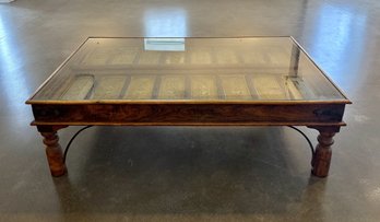 Antique Indian Takhat Table With Bronz Interior & Glass Top