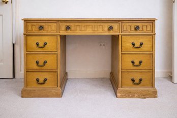 Unique Vintage Chippendale Style Bankers Desk With Greek Key Inspired Trim And Aged Brass Hardware