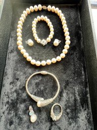 12 Mm Tahitian Pearls, With Sterling Silver And Aquamarine, Wonderful Suite Of Jewels