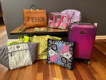 Assortment Of Totes, Small Suitcase & Shopping Cart