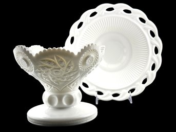Vintage Milk Glass Pedestal Bowl & Serving Bowl