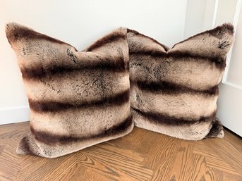 Pair Of Faux Mink Fur Covered Accent Pillows