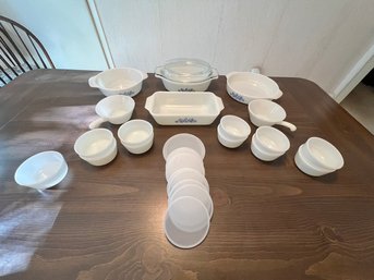 NIB Corelle Cookware In Blue And White, With Storage Lids