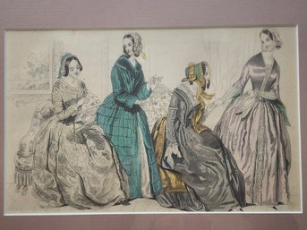 Framed French Fashion Engraving, Hand Colored 1850s