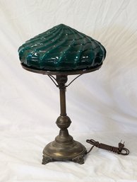 Beautiful Green Cased Glass Swirl Shade On Antique Metal Table Lamp Base