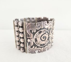 Striking Mid-Century MBR Initialled Mexico Silver Articulated Cuff Bracelet With Elaborate Design