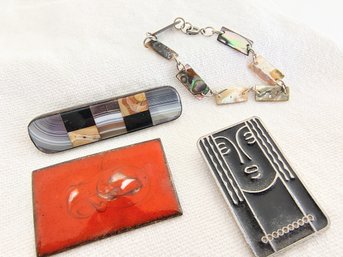 Three Pins/brooches, And One Bracelet,(Two With Abalone Shell Elements)
