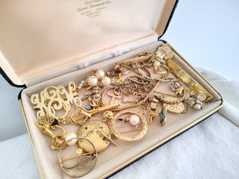 Velvet Jewelry Box Filled With Various Vintage And Antique Jewelry Including A Few Gold Filled Items