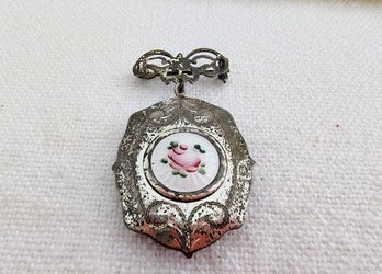 Antique Sterling Silver Locket Pendant With Enameled Center Design