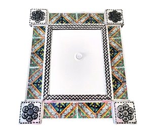 Charming Tin Mirror With Hand-painted Tile Mosaic Border