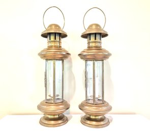 Pair Of Antique Brass Electrified Lanterns / Lamps/ Hurricane Lamps With Etched Glass Panes
