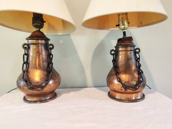 Amazing Pair Of Lamps From Repurposed Copper Pots, Great Patina And Detail