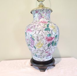 Vintage Glazed Ceramic Chinoiserie Lamp With Floral Pattern