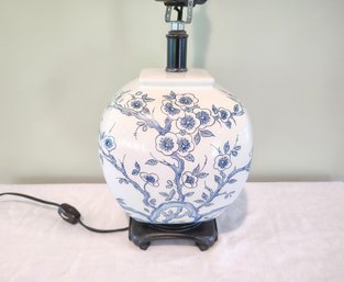 Very Pretty Vintage Chinoiserie Table Lamp With Blue Cherry Blossom Design