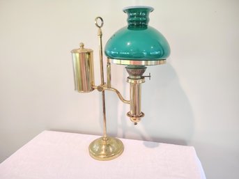 Antique Brass Oil Lamp With Colored Glass Shade
