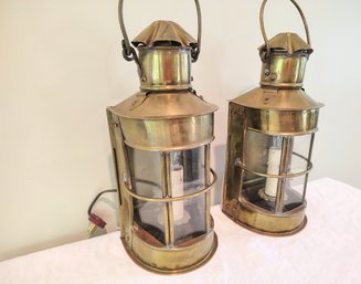 Beautiful Pair Of Antique Brass Lanterns Repurposed Into Plug In Lamps / Sconces