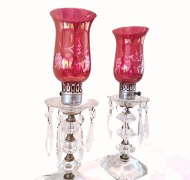 Pair Of Excellent Condition Antique Glass Lamps With Cranberry Colored Glass Shades