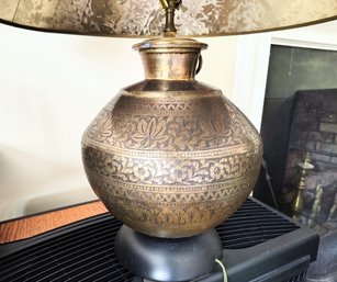 Large Metal Base Lamp With Elaborate Engraved Design