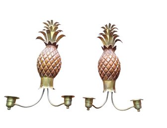 Pair Of Vintage Wood And Brass Sconces With Pineapple Form