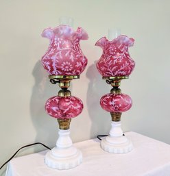 Pair Of Antique Milk Glass And Cranberry Glass Table Lamps