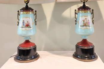 Beautiful Pair Of Vintage/antique Table Lamps With Painted Ceramic Bases