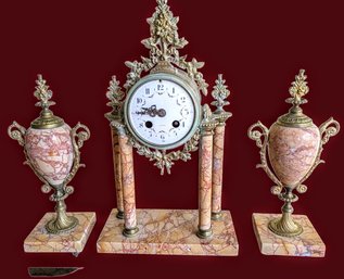 Impressive French Antique Marble And Brass Ormolu Clock Set Antique 19th Century