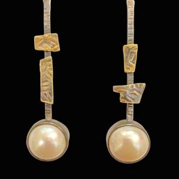 Stamped 22kt. Gold And Sterling Pearl Drop Earrings With A Sophisticated And Unique Asymmetric  Design
