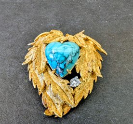 Stunning 18kt Yellow Gold Custom Design, Stamped/Tested/Signed  Diamond & Turq.leaf Heart Brooch