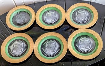 Six Rare Gold Encrusted Fluorescence Green Depression Glass Sunburst Plates