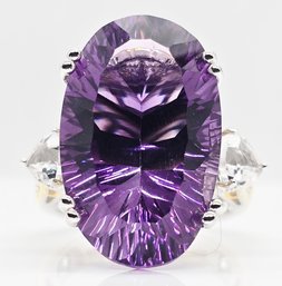 Concave Cut, Amethyst, White Topaz Ring In Yellow Gold & Rhodium Over Sterling