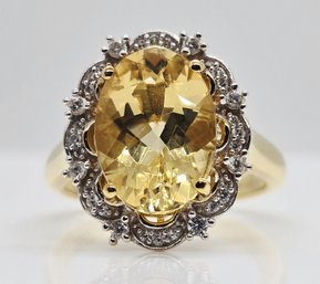Yellow Labradorite, White Zircon Ring In 18k Yellow Gold Over Sterling