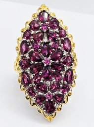 Rhodolite Garnet, White Zircon Elongated Ring In 18k Yellow Gold Plate
