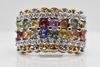 Premium Multi-sapphire, White Zircon Ring In 18k Yellow Gold & Rhodium Over Sterling