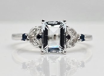 Blue Aquamarine, Blue Diamond, Blue & White Topaz, Rhodium Over Sterling Ring