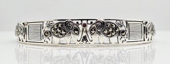 Elephant Motif Red Garnet, Rhodium Over Sterling Oxidized Bangle Bracelet