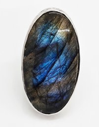 Large Gray Labradorite, Rhodium Over Sterling Elongated Ring