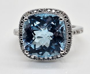Blue Topaz, White Diamond, Rhodium Over Sterling Ring