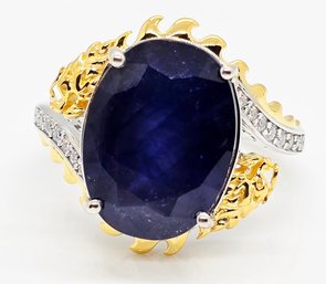 Sapphire & Moissanite Double Dragon Ring In 18k Yellow Gold & Rhodium Over Sterling