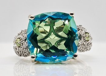 Peacock Quartz, Multi-Gemstone Feather Ring In Rhodium Over Sterling