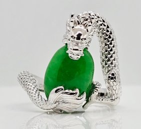 Green Jadeite, Rhodium Over Sterling Dragon Ring