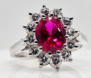 Ruby, White Sapphire, Rhodium Over Sterling Ring