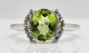 Green Peridot, White Zircon, Rhodium Over Sterling Ring