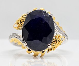 Blue Sapphire, Moissanite Double Dragon Ring In 18K Yellow Gold & Rhodium Over Sterling