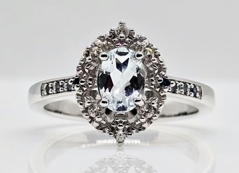 Blue Aquamarine, Blue Diamond, Zircon, Rhodium Over Sterling Ring