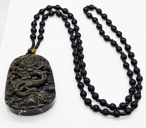 Black Obsidian Carved Dragon Pendant With Beaded Necklace