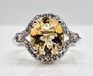 Citrine, White Zircon Ring In Platinum Over Sterling