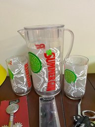 Summer Time Outdoor Plastic Food Bowls Pitcher & Glasses & Two Corkscrews