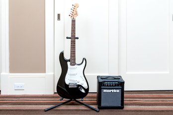 Fender Squier Strat Electric Guitar With Stand And Hartke 10 Watt Guitar Amplifier